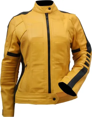 Womens Bride Yellow Biker Leather Jacket - Costume for Cosplay Faux/Real Leather