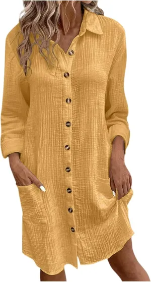 Womens Button Down Shirt Dress Summer Cotton Linen Dress V-Neck Mini Dress Casual Short Sleeve Loose Tunic Shift Dresses
