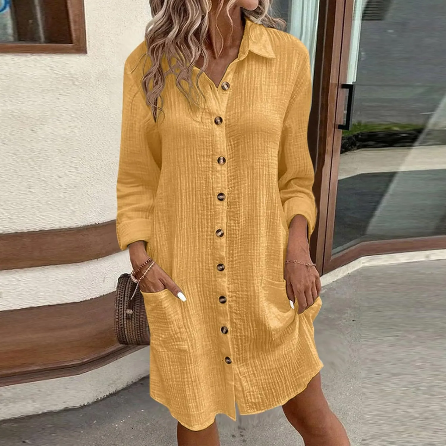 Womens Button Down Shirt Dress Summer Cotton Linen Dress V-Neck Mini Dress Casual Short Sleeve Loose Tunic Shift Dresses