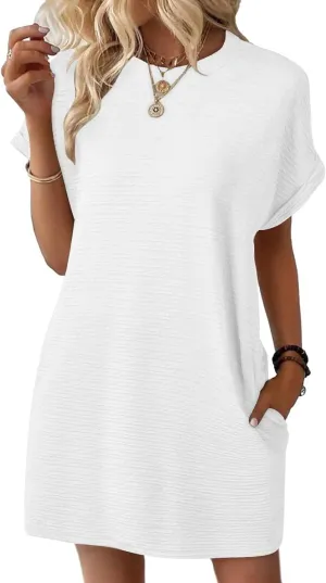 Women's Casual Dresses Loose Short Sleeve Crewneck Sundress Fashion Solid Color Vacation Beach Dress with Pocket
