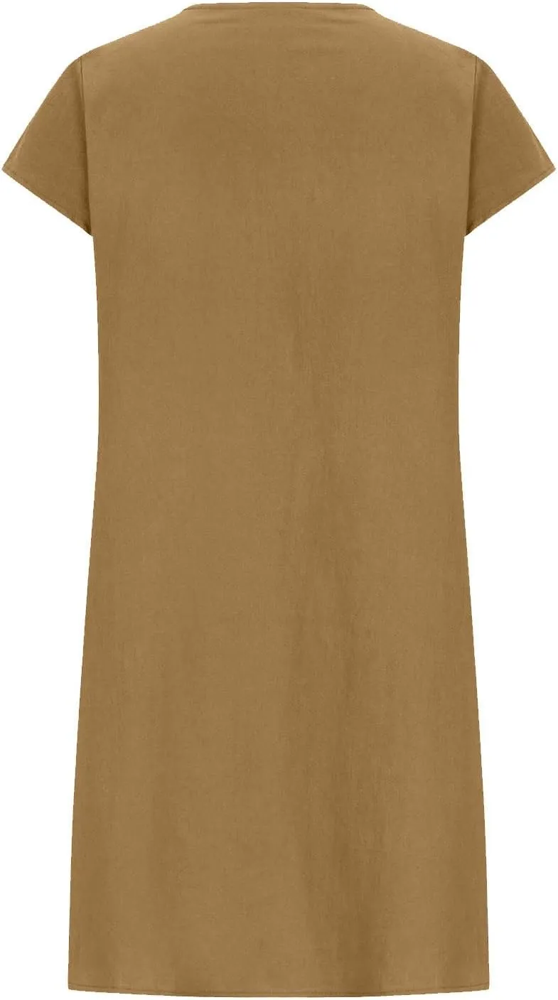 Women's Cotten Linen Summer Dresses Midi Casual Cap Sleeve Crewneck A Line Flowy Swing Beach Trendy Sundress