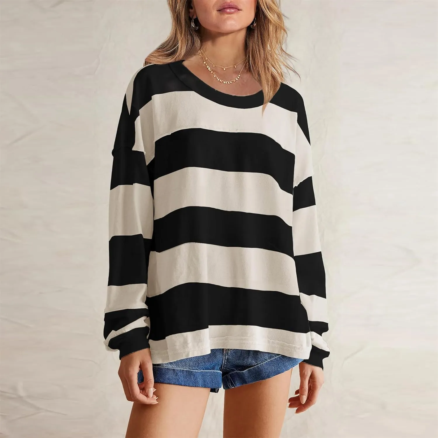 Women's Crewneck Sweatshirts Loose Fitting Casual Sweater Shirt Color Blocking Blouses Long Sleeve Tops