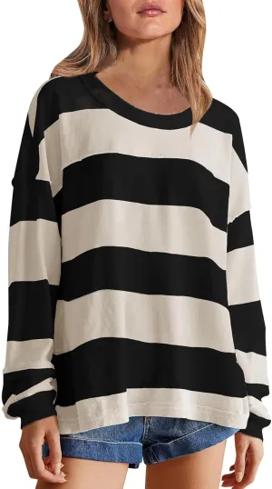 Women's Crewneck Sweatshirts Loose Fitting Casual Sweater Shirt Color Blocking Blouses Long Sleeve Tops