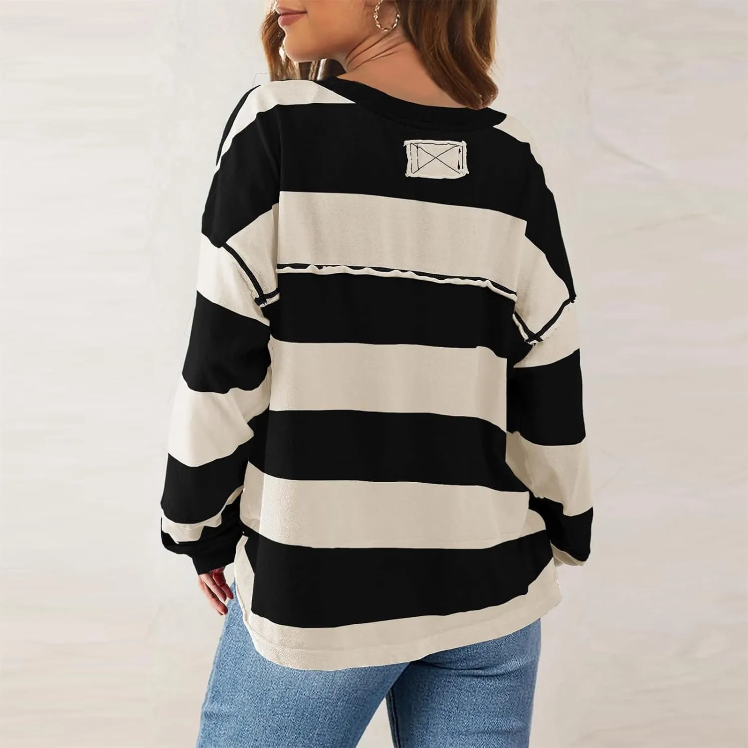 Women's Crewneck Sweatshirts Loose Fitting Casual Sweater Shirt Color Blocking Blouses Long Sleeve Tops