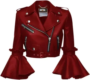 Women's Cropped Leather Biker Jacket, Ruffled Bell Sleeve Moto Jacket, Leather Short Jacket for Women