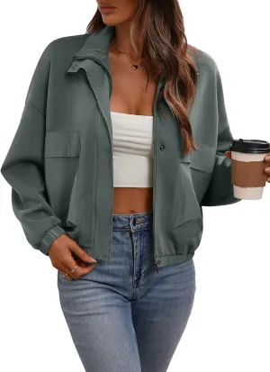 Women's Cropped Oversized Safari Jackets Zip Up Stand Collar Neck Long Sleeve Utility Anorak jacket with Pocket