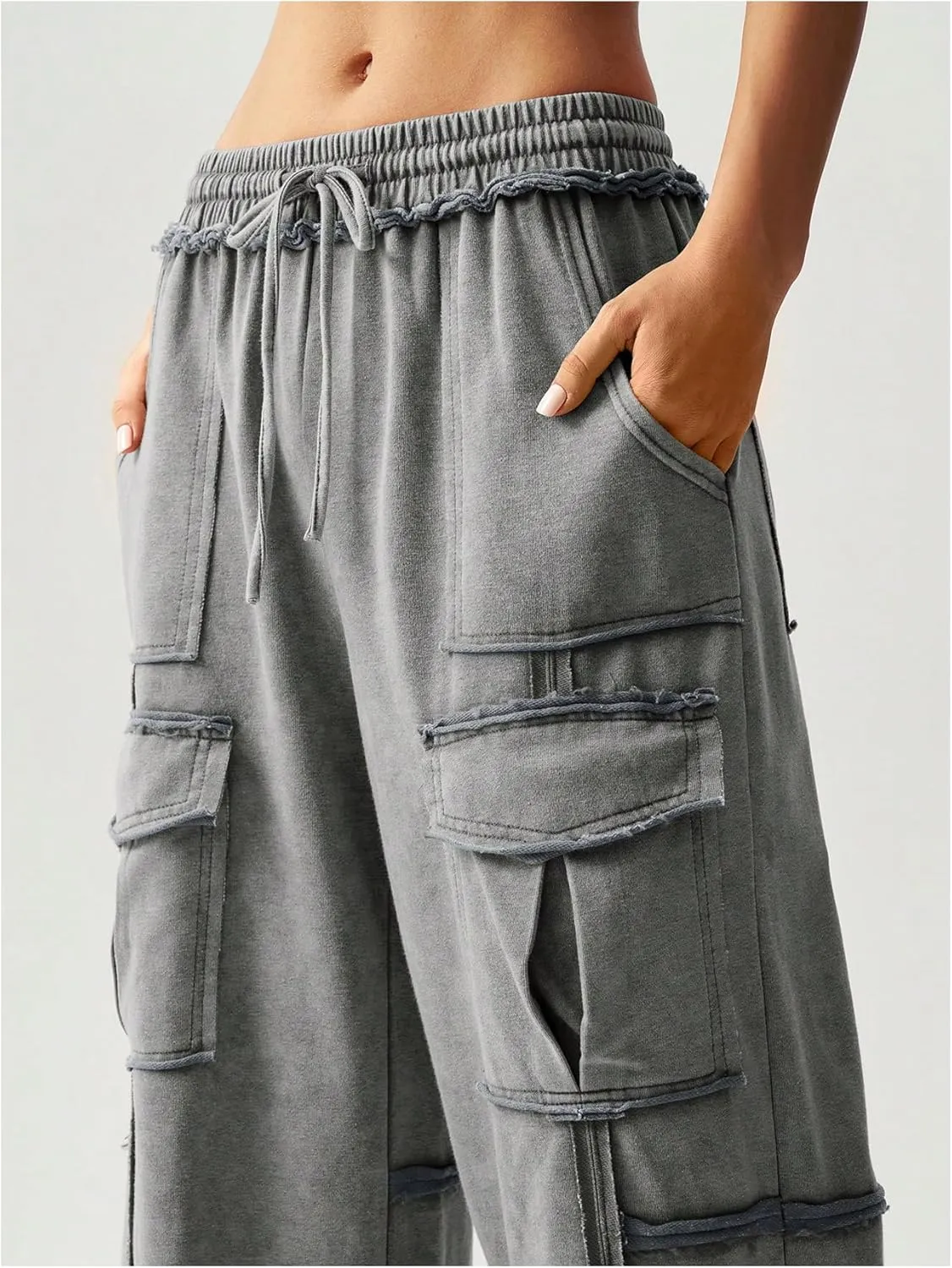 Women's Drawstring Waist Baggy Cargo Pants Y2k Wide Leg Trousers with Pocket