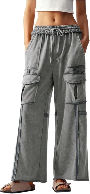 Women's Drawstring Waist Baggy Cargo Pants Y2k Wide Leg Trousers with Pocket