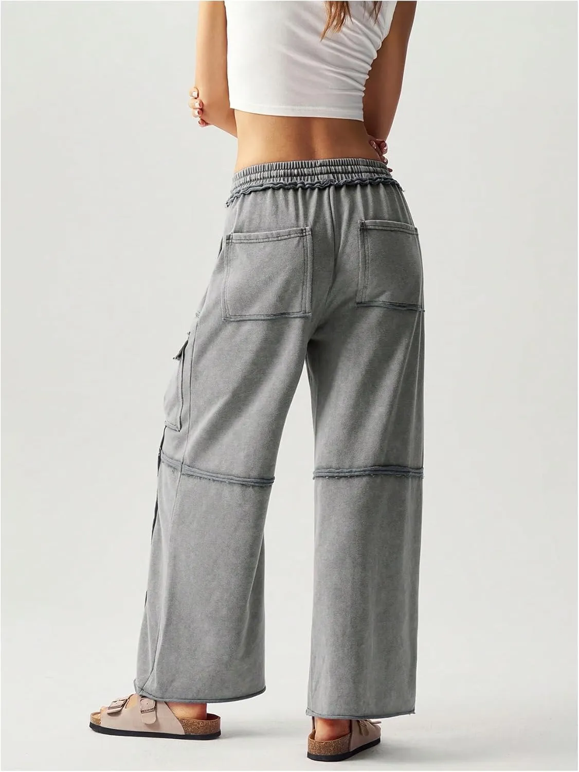 Women's Drawstring Waist Baggy Cargo Pants Y2k Wide Leg Trousers with Pocket