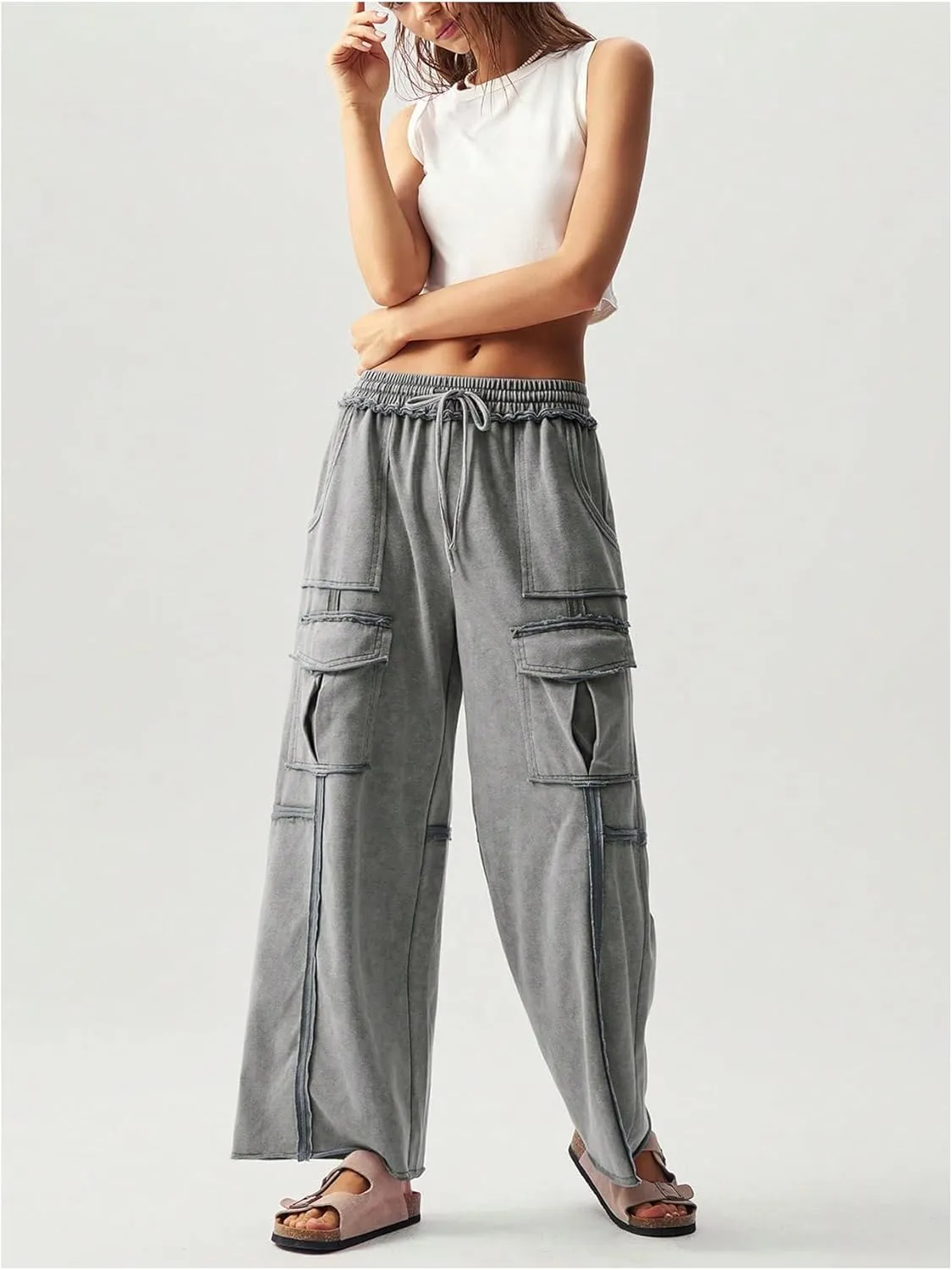 Women's Drawstring Waist Baggy Cargo Pants Y2k Wide Leg Trousers with Pocket