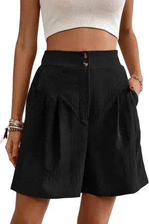 Womens Elastic High Waisted Shorts Summer Casual Pleated Work Shorts with Pockets