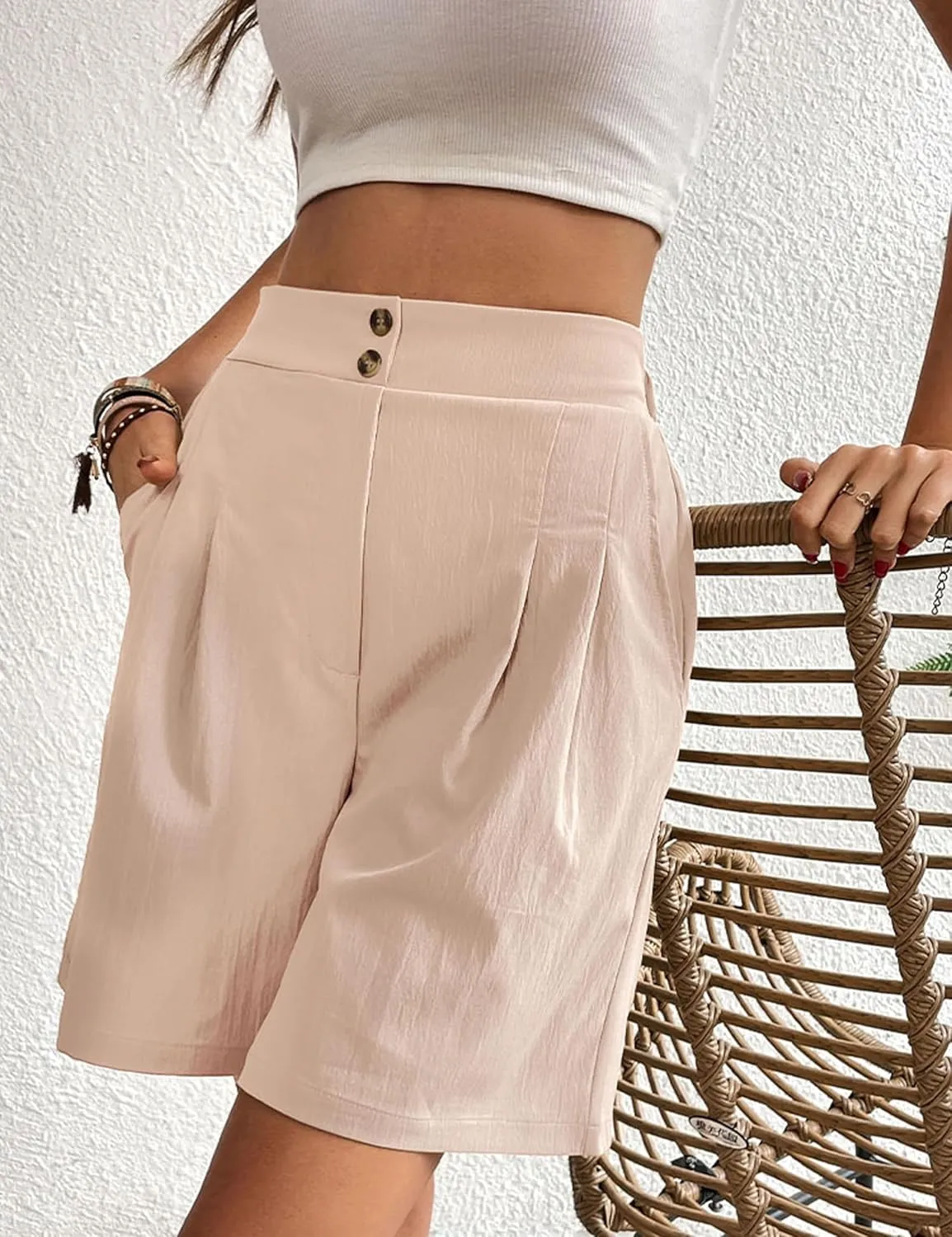 Womens Elastic High Waisted Shorts Summer Casual Pleated Work Shorts with Pockets
