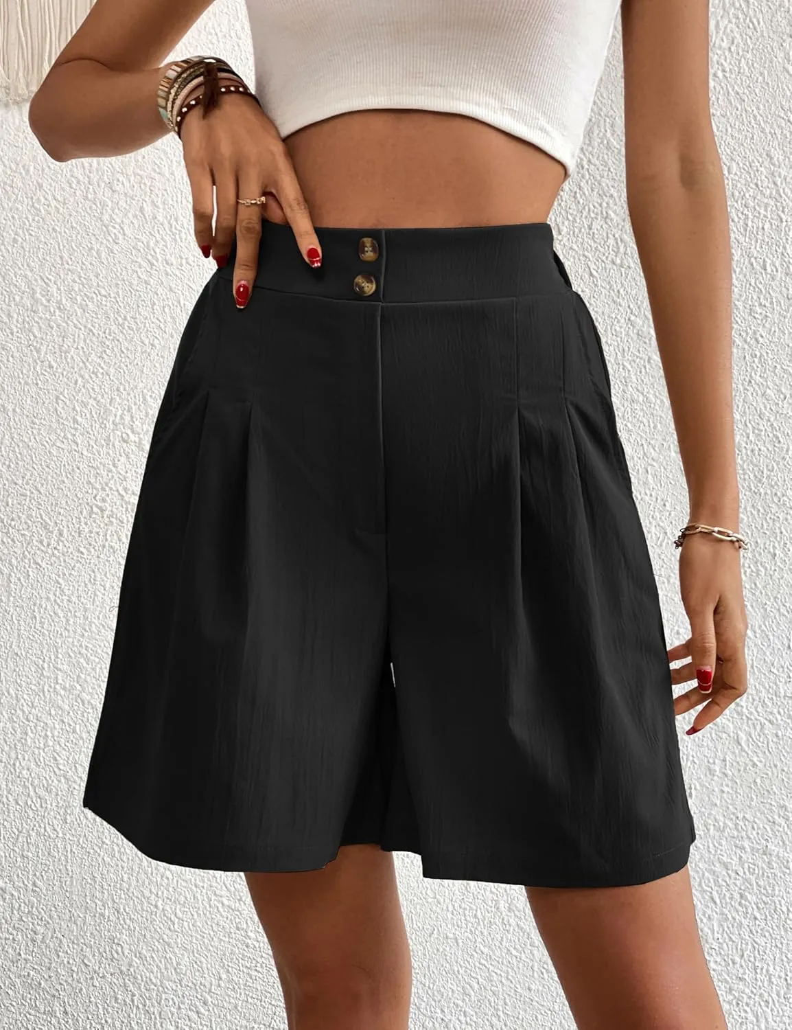 Womens Elastic High Waisted Shorts Summer Casual Pleated Work Shorts with Pockets