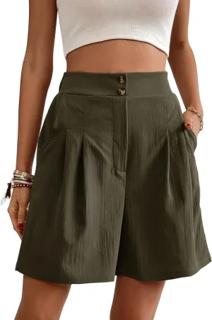 Womens Elastic High Waisted Shorts Summer Casual Pleated Work Shorts with Pockets