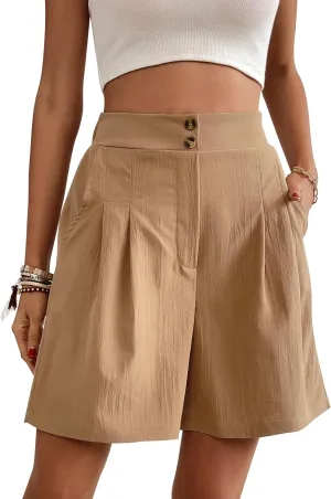 Womens Elastic High Waisted Shorts Summer Casual Pleated Work Shorts with Pockets