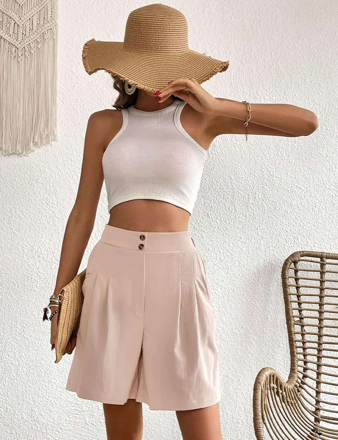 Womens Elastic High Waisted Shorts Summer Casual Pleated Work Shorts with Pockets