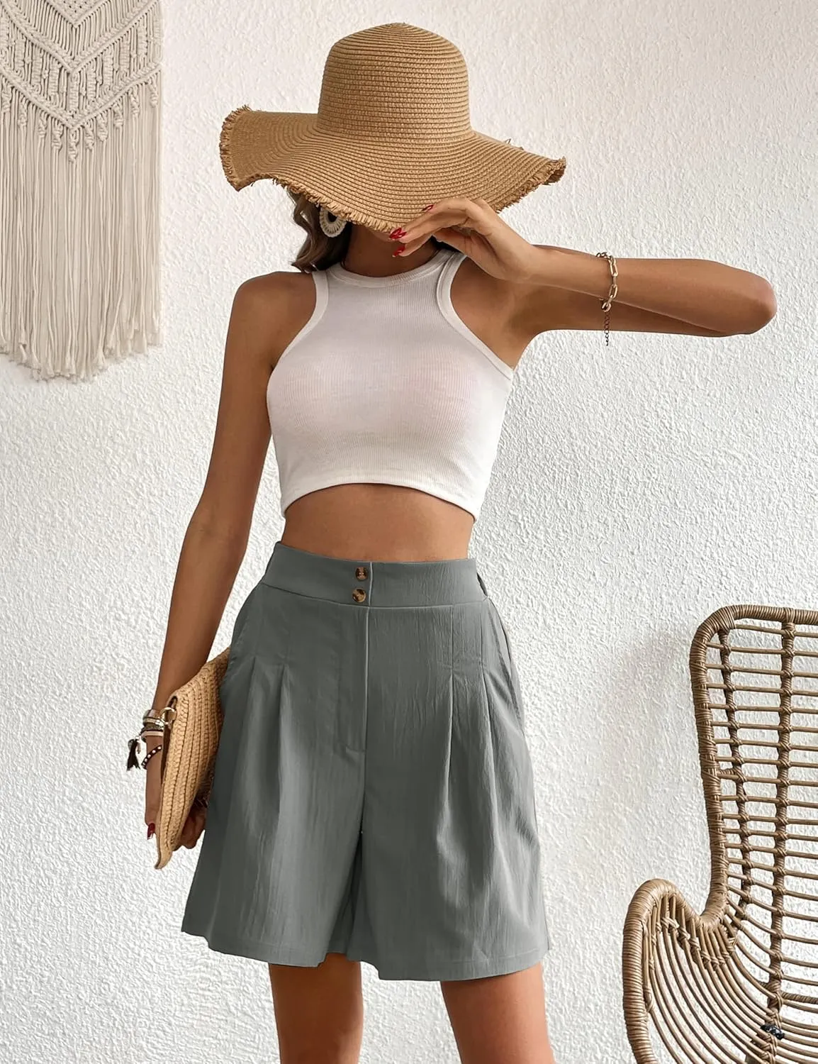 Womens Elastic High Waisted Shorts Summer Casual Pleated Work Shorts with Pockets