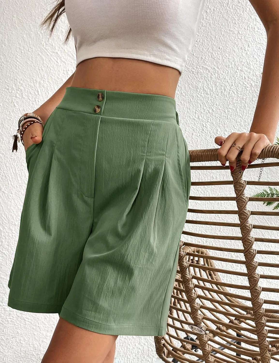 Womens Elastic High Waisted Shorts Summer Casual Pleated Work Shorts with Pockets