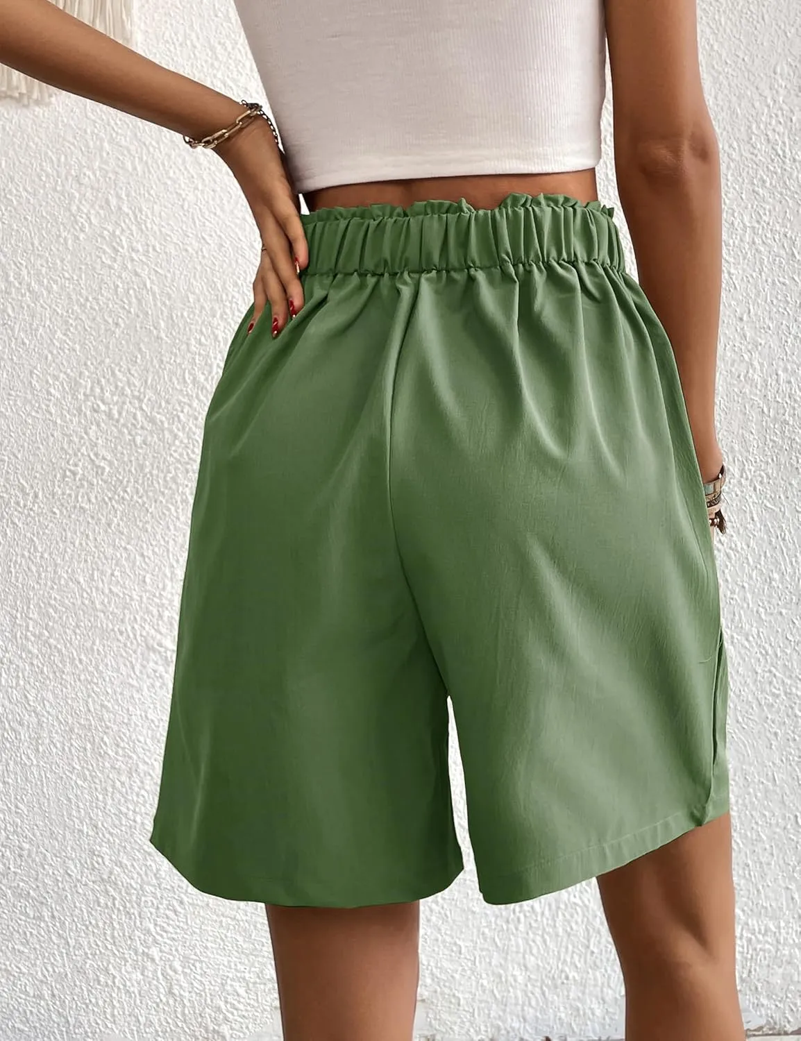 Womens Elastic High Waisted Shorts Summer Casual Pleated Work Shorts with Pockets
