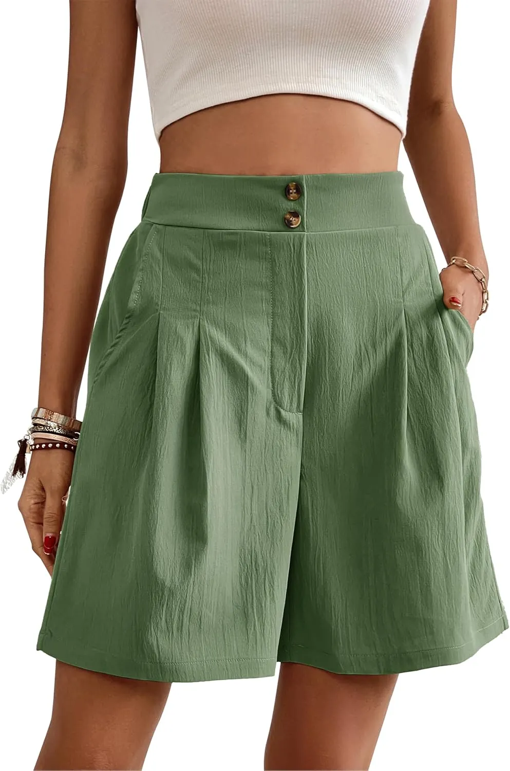 Womens Elastic High Waisted Shorts Summer Casual Pleated Work Shorts with Pockets