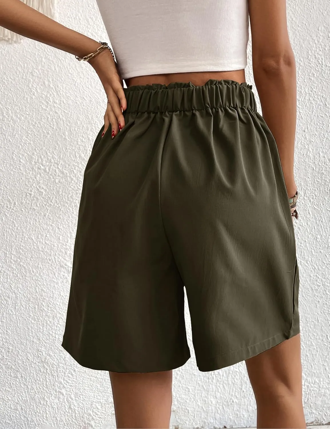 Womens Elastic High Waisted Shorts Summer Casual Pleated Work Shorts with Pockets
