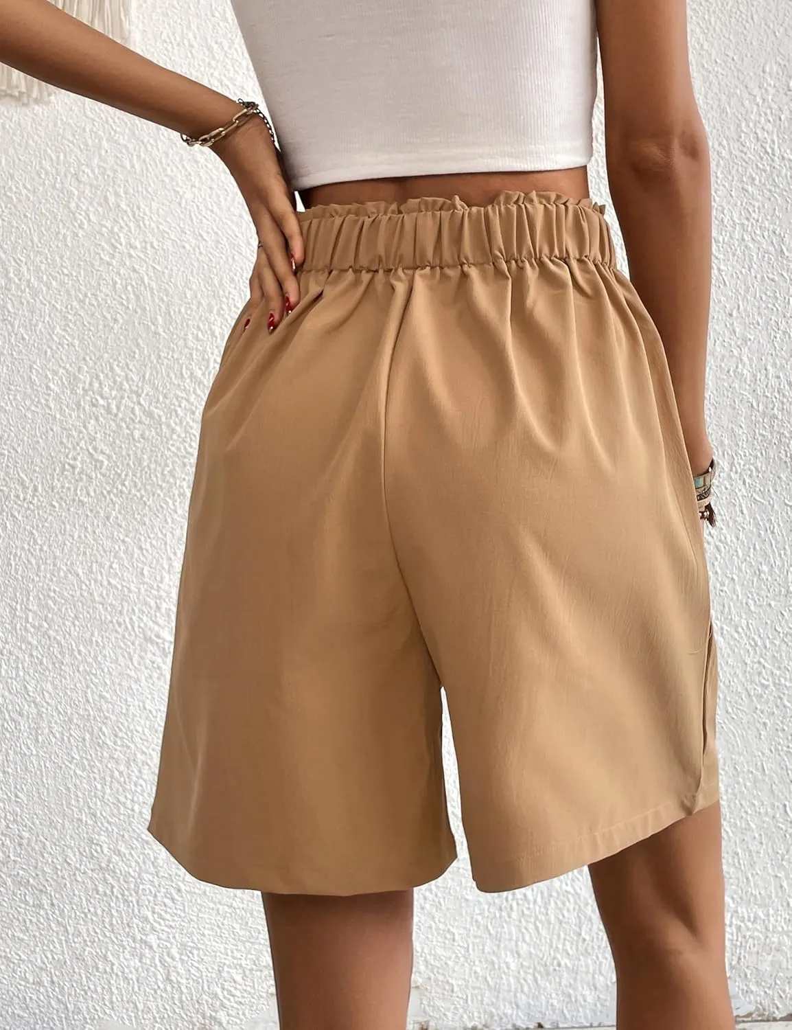 Womens Elastic High Waisted Shorts Summer Casual Pleated Work Shorts with Pockets