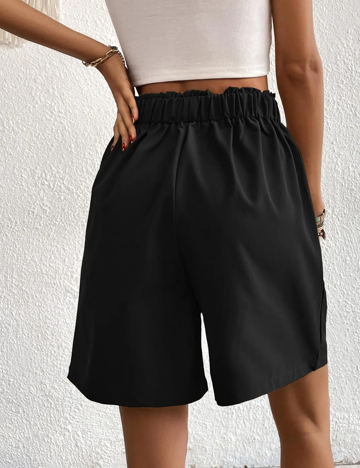 Womens Elastic High Waisted Shorts Summer Casual Pleated Work Shorts with Pockets