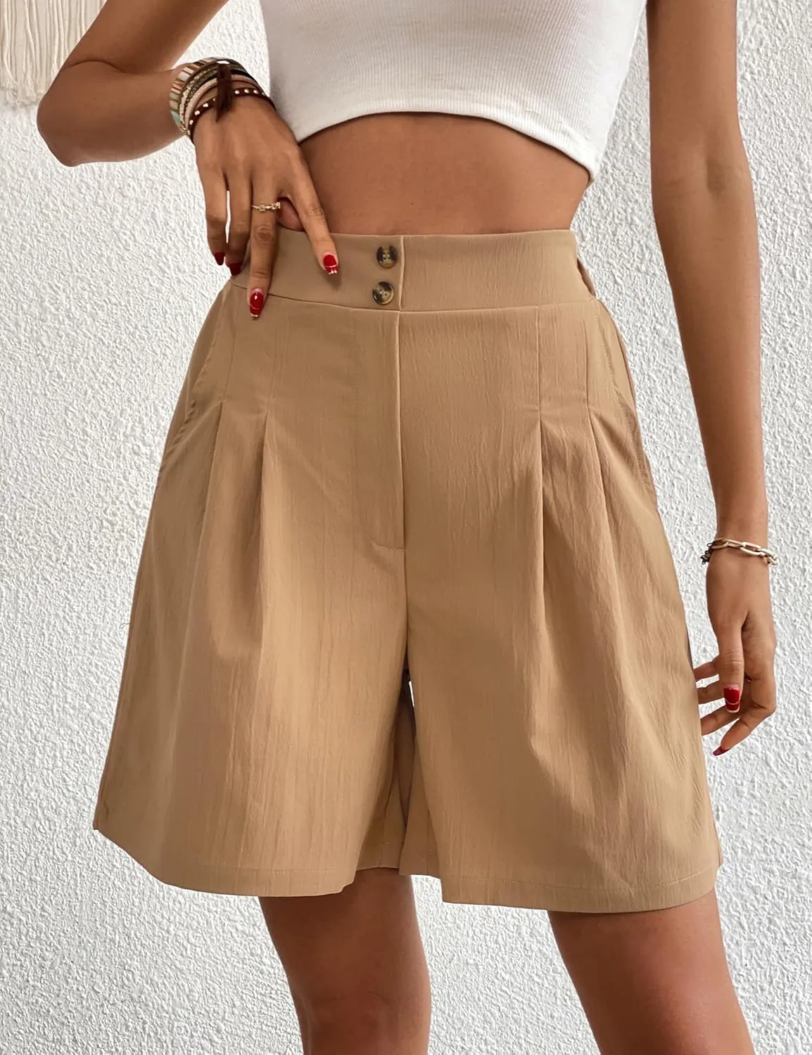 Womens Elastic High Waisted Shorts Summer Casual Pleated Work Shorts with Pockets