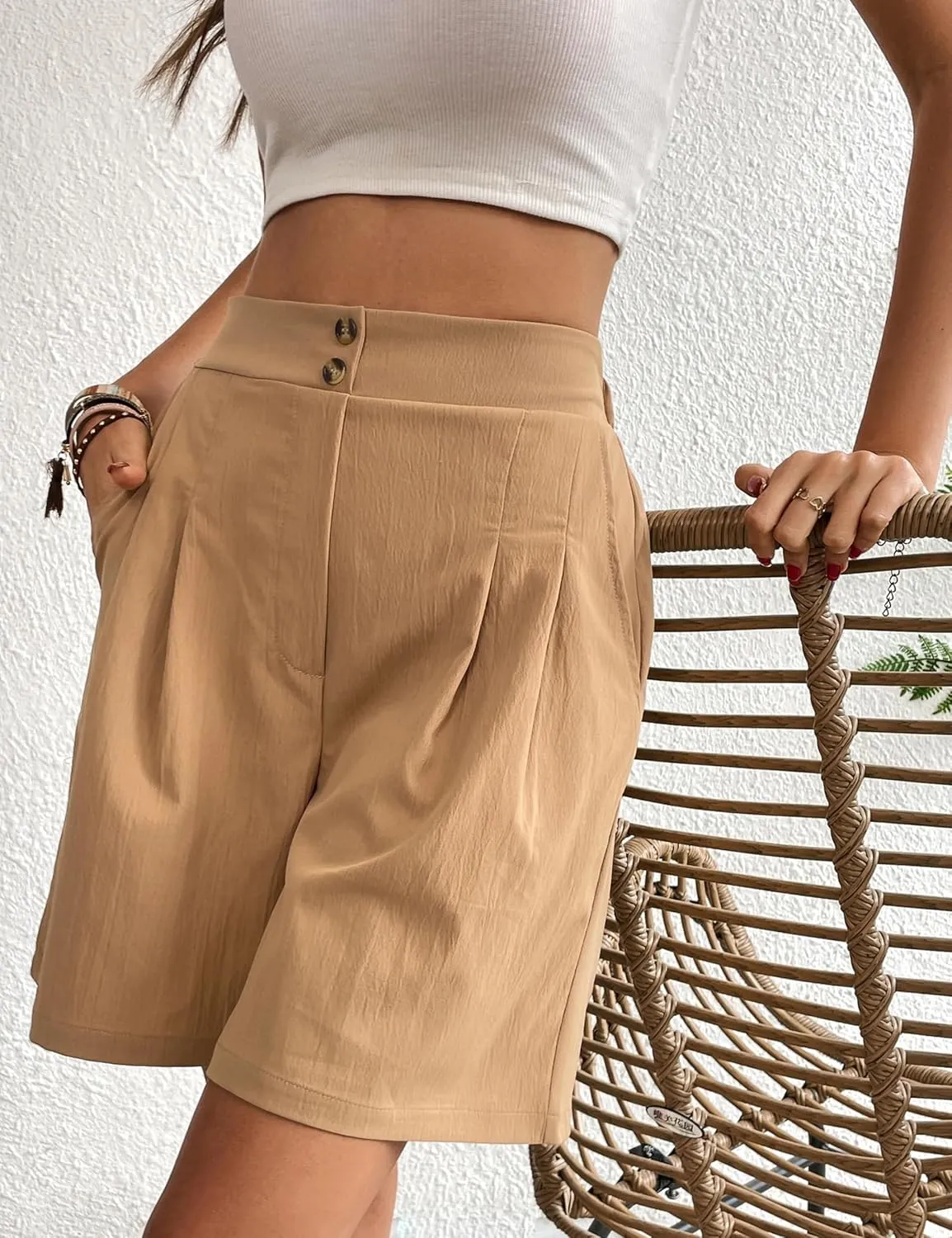 Womens Elastic High Waisted Shorts Summer Casual Pleated Work Shorts with Pockets