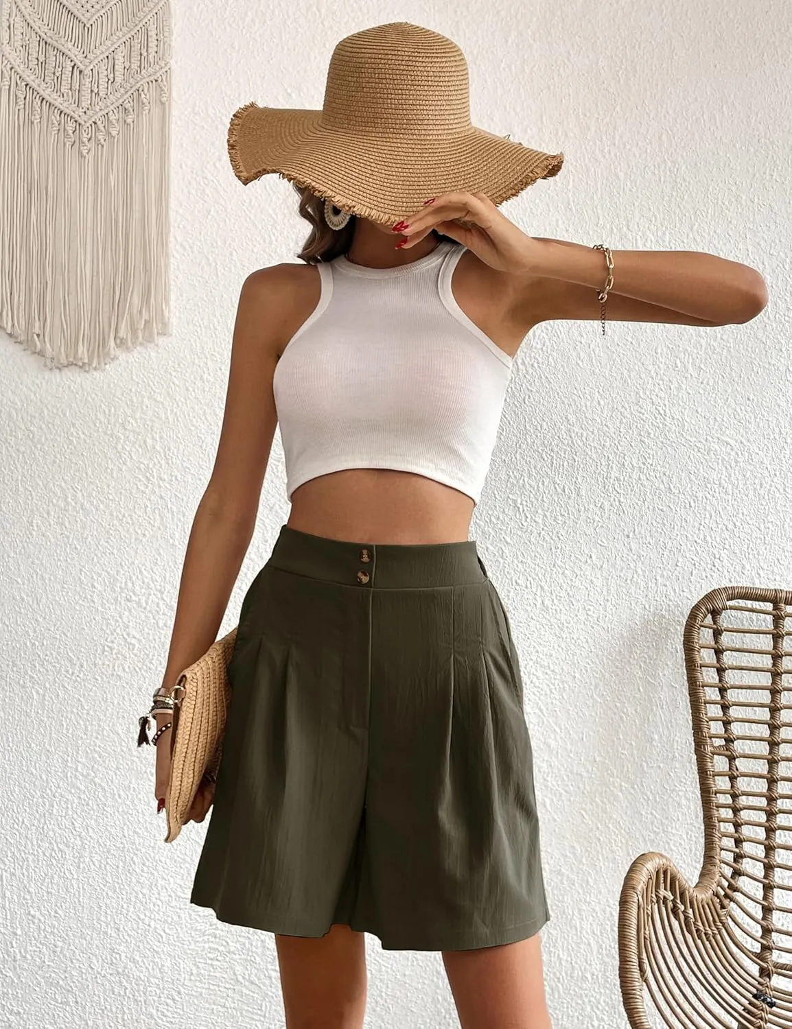 Womens Elastic High Waisted Shorts Summer Casual Pleated Work Shorts with Pockets