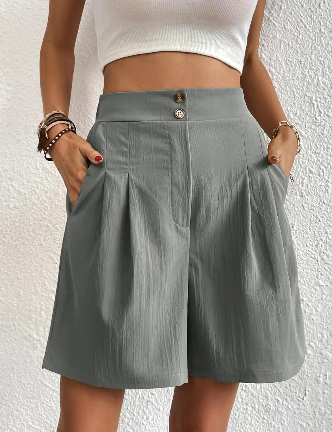 Womens Elastic High Waisted Shorts Summer Casual Pleated Work Shorts with Pockets