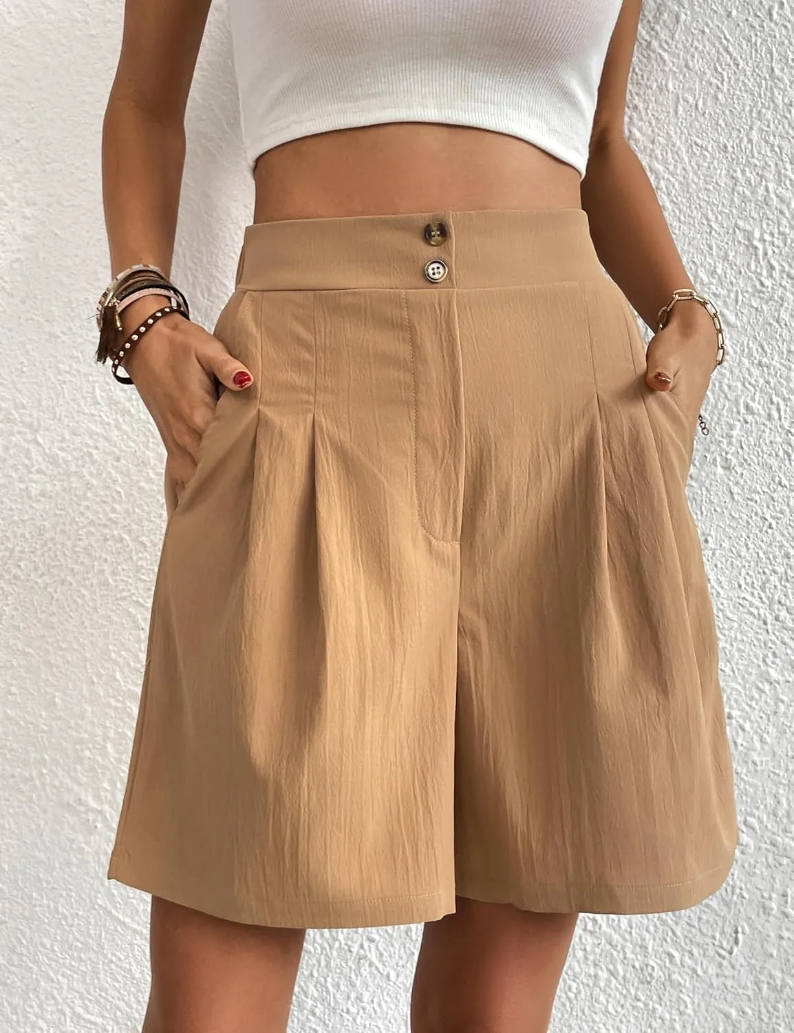 Womens Elastic High Waisted Shorts Summer Casual Pleated Work Shorts with Pockets