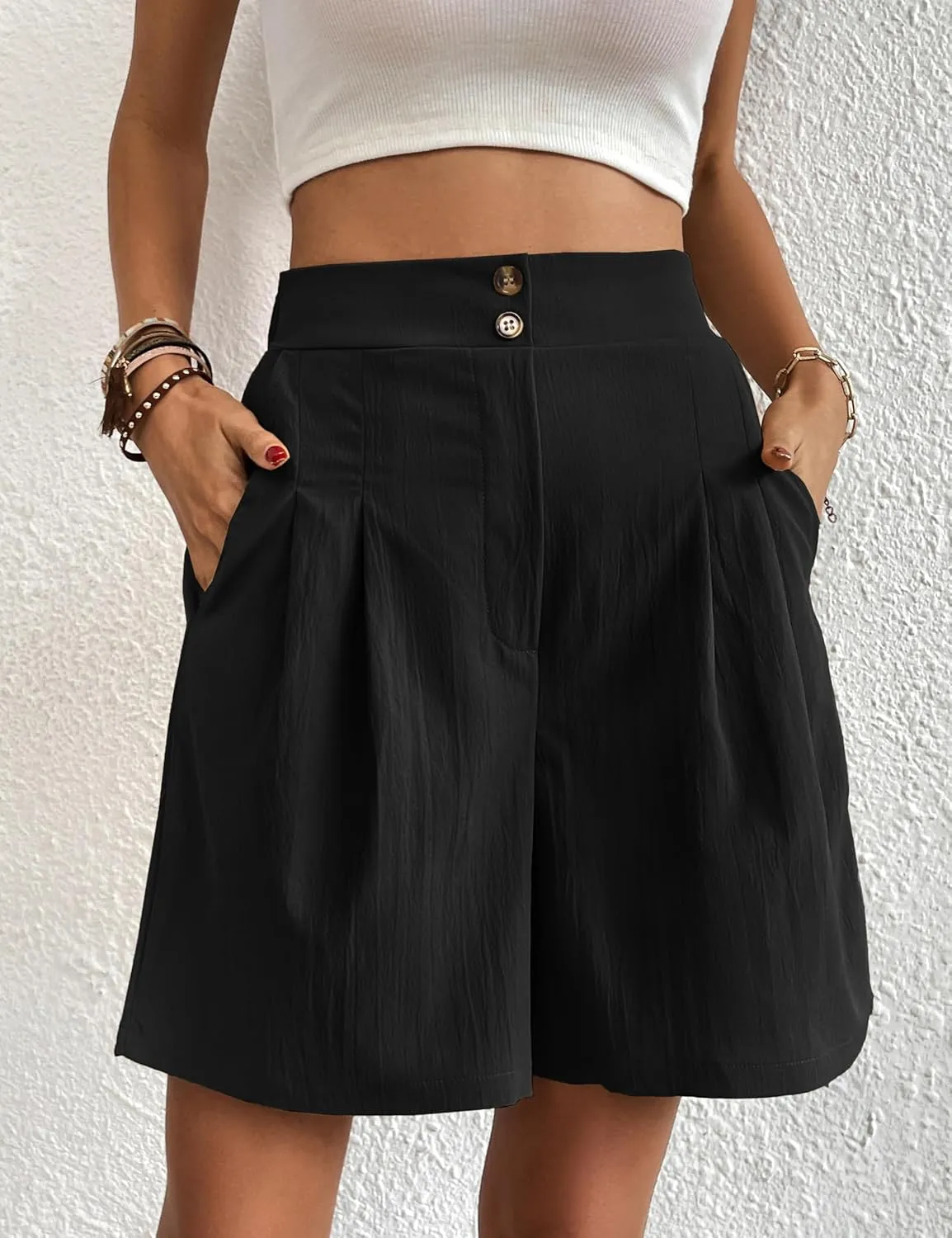 Womens Elastic High Waisted Shorts Summer Casual Pleated Work Shorts with Pockets