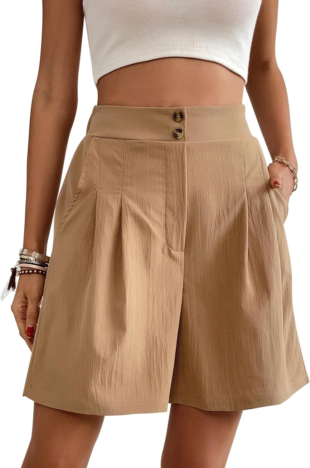 Womens Elastic High Waisted Shorts Summer Casual Pleated Work Shorts with Pockets