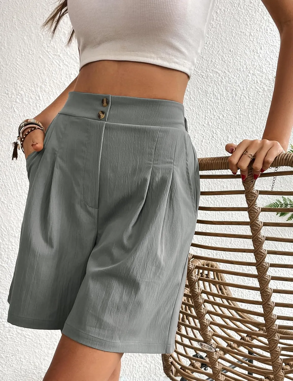 Womens Elastic High Waisted Shorts Summer Casual Pleated Work Shorts with Pockets