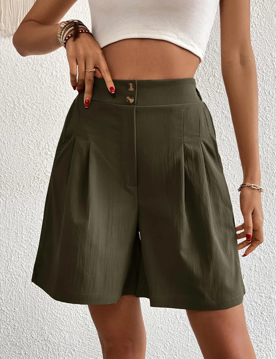 Womens Elastic High Waisted Shorts Summer Casual Pleated Work Shorts with Pockets