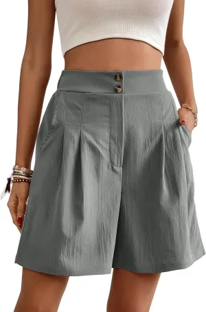 Womens Elastic High Waisted Shorts Summer Casual Pleated Work Shorts with Pockets
