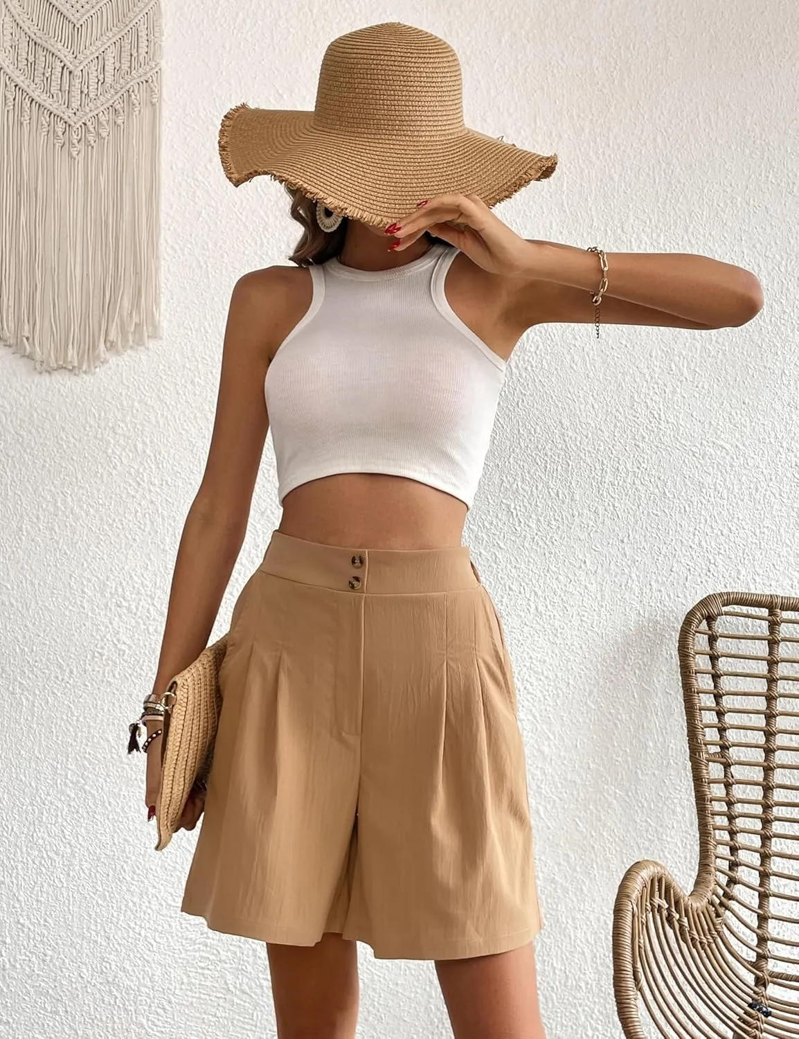 Womens Elastic High Waisted Shorts Summer Casual Pleated Work Shorts with Pockets