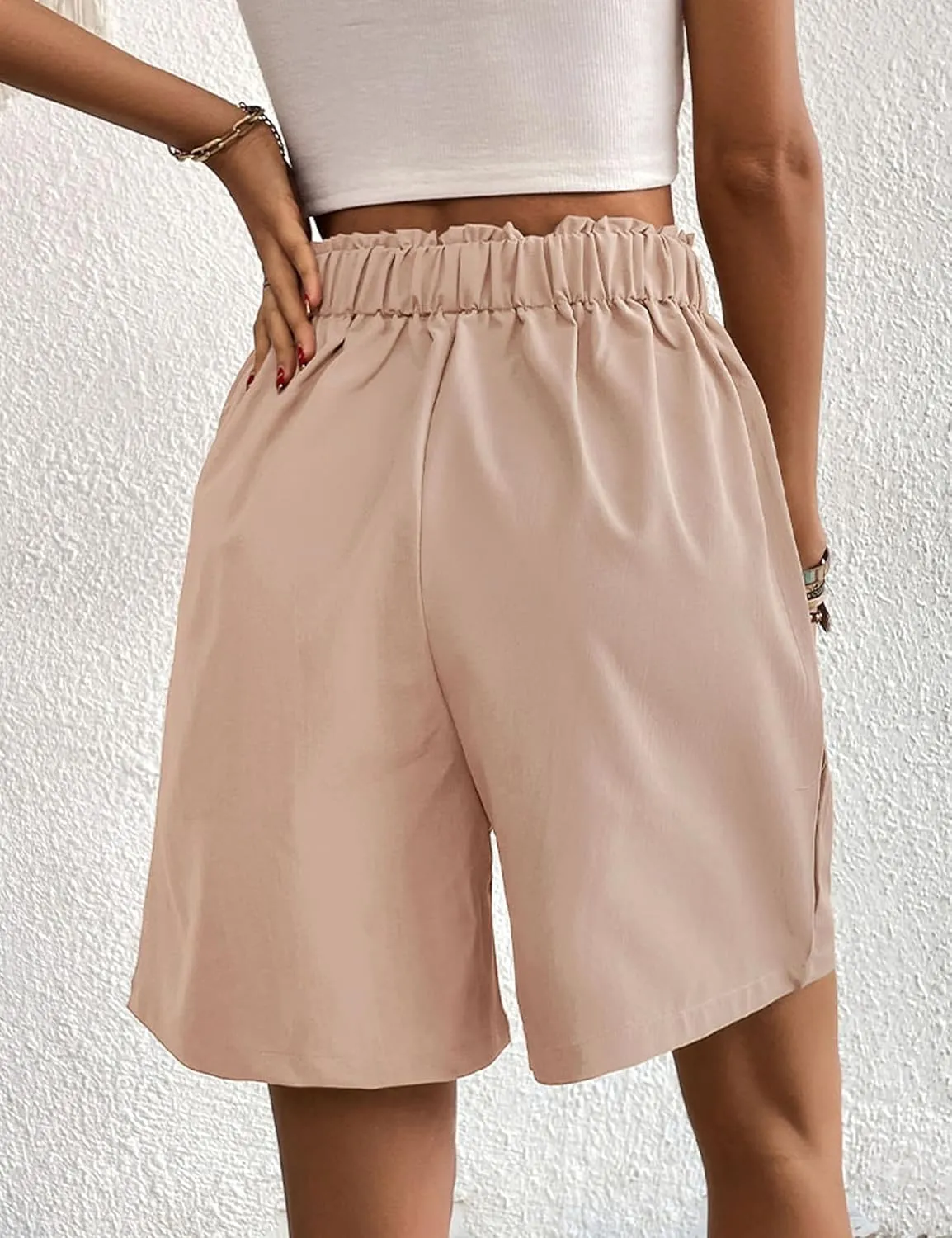 Womens Elastic High Waisted Shorts Summer Casual Pleated Work Shorts with Pockets