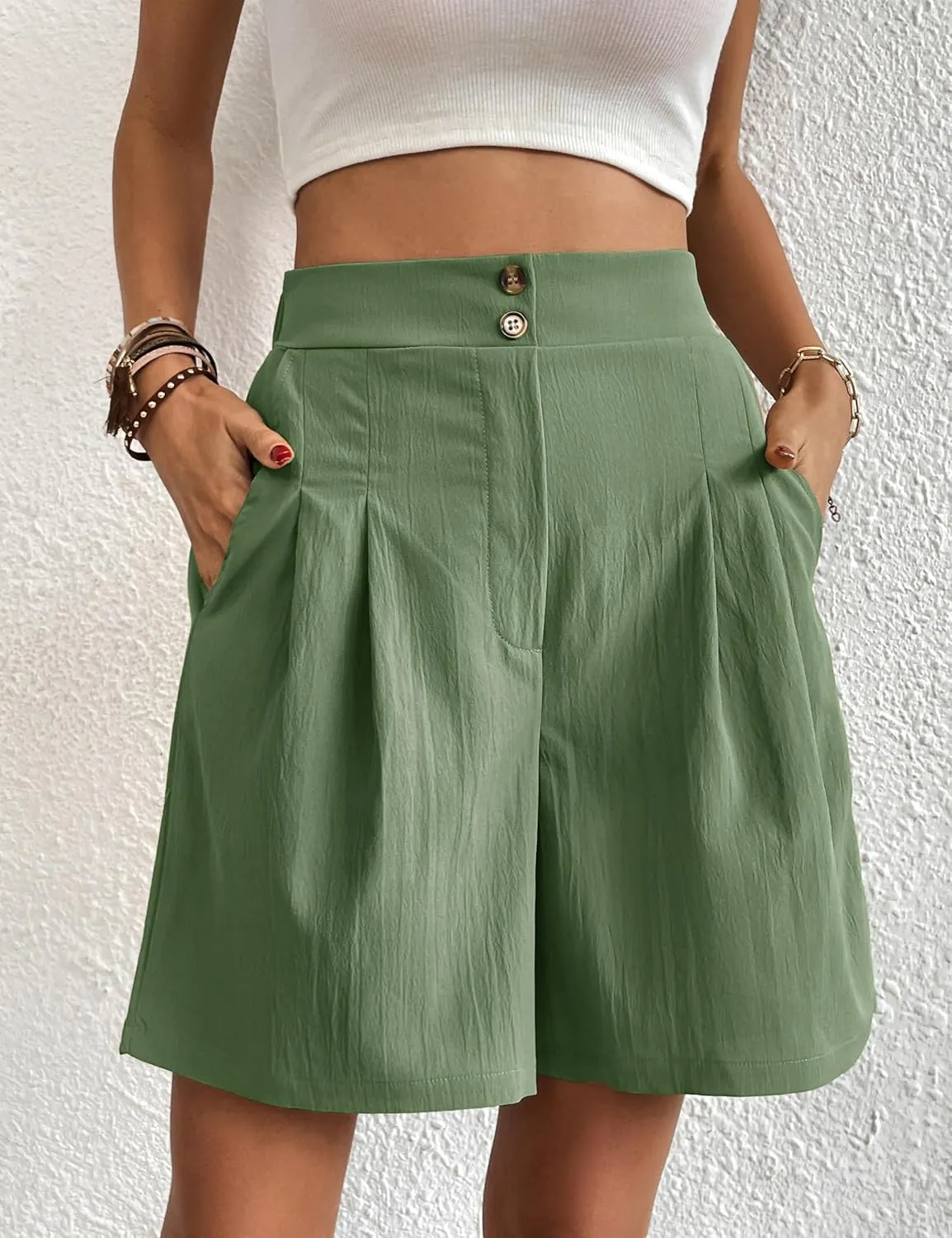 Womens Elastic High Waisted Shorts Summer Casual Pleated Work Shorts with Pockets