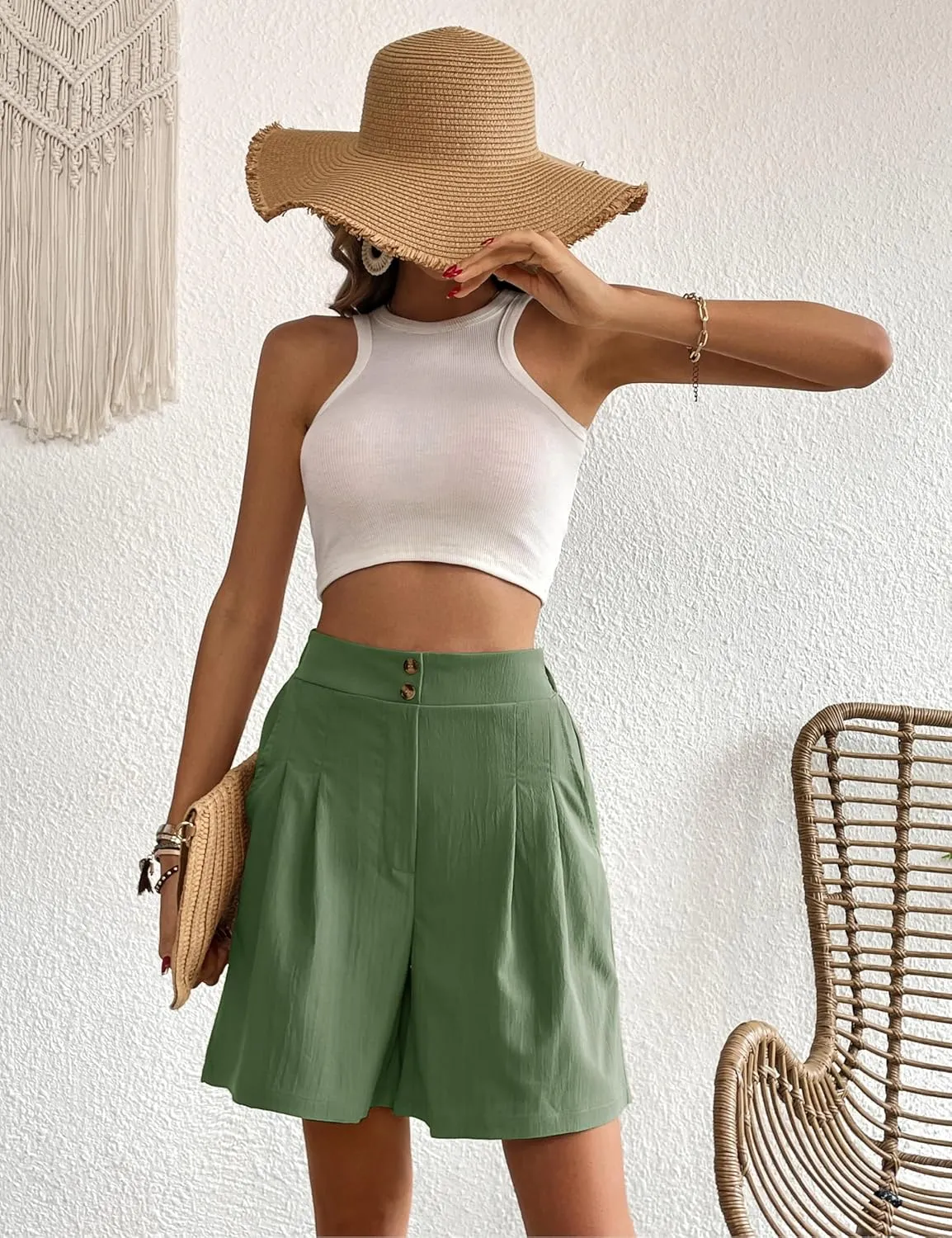 Womens Elastic High Waisted Shorts Summer Casual Pleated Work Shorts with Pockets