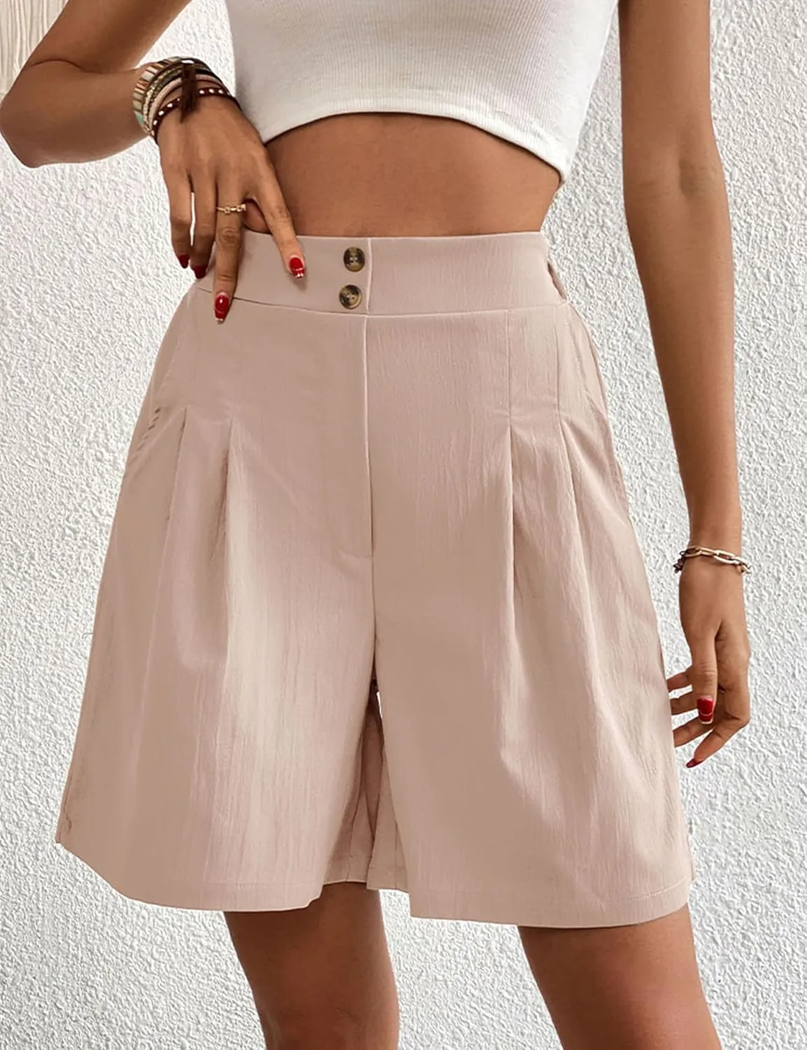 Womens Elastic High Waisted Shorts Summer Casual Pleated Work Shorts with Pockets