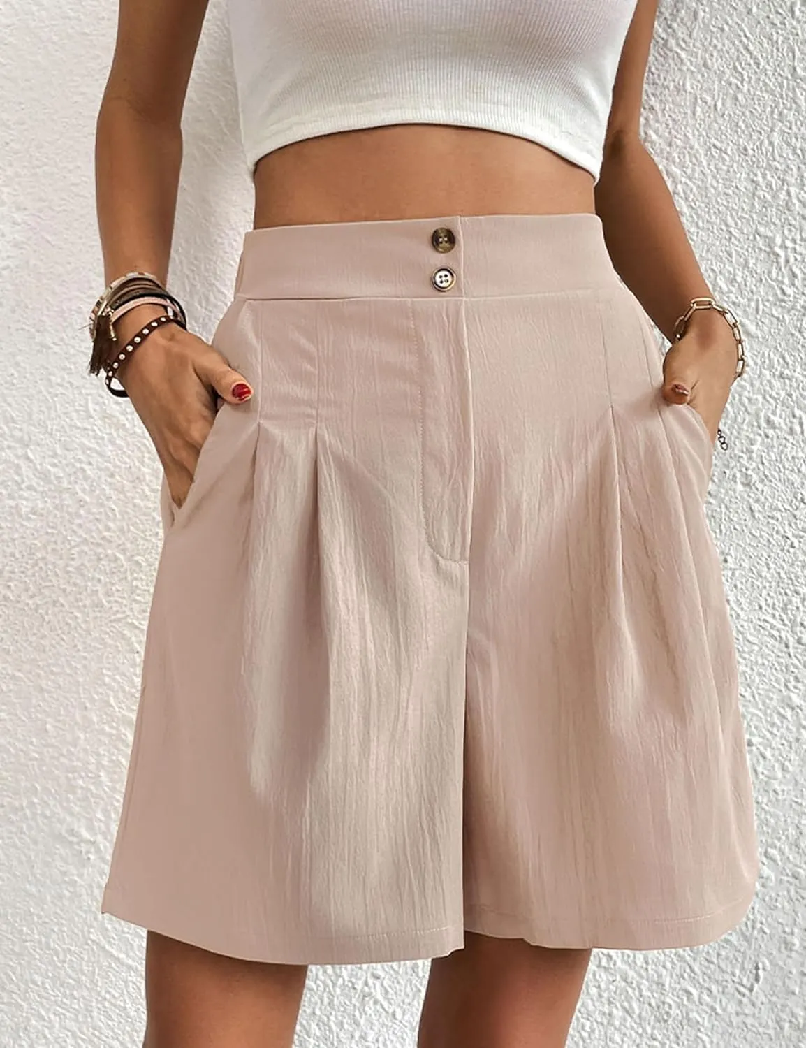 Womens Elastic High Waisted Shorts Summer Casual Pleated Work Shorts with Pockets