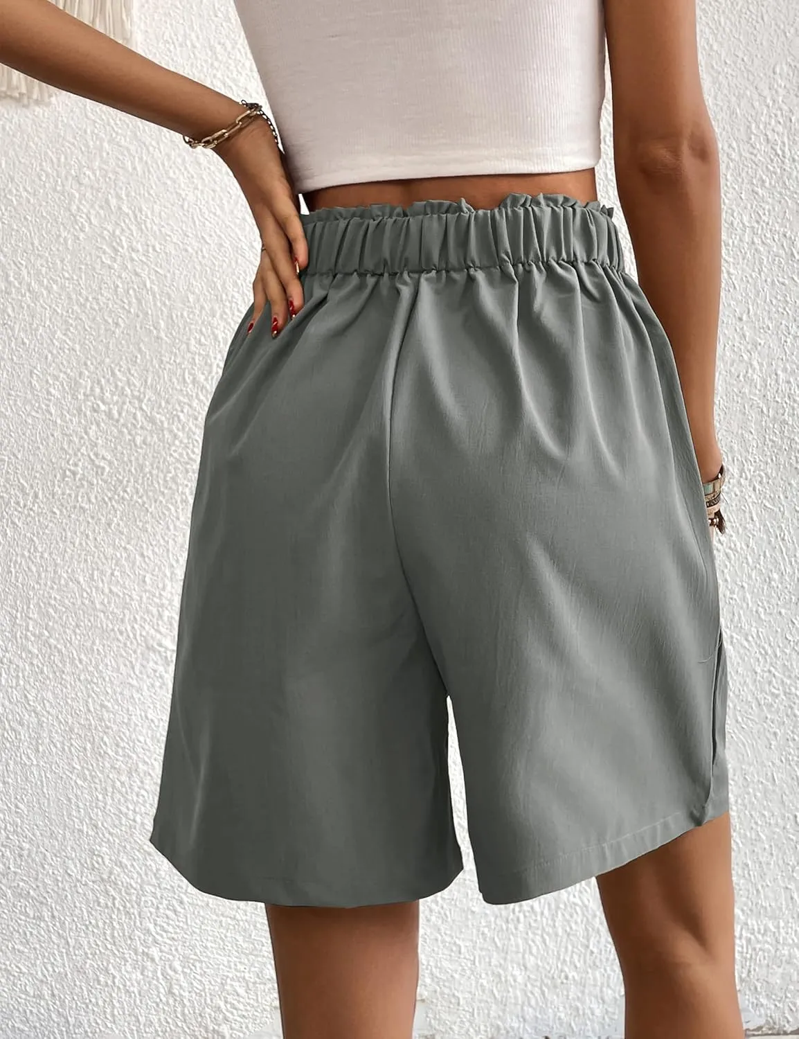 Womens Elastic High Waisted Shorts Summer Casual Pleated Work Shorts with Pockets