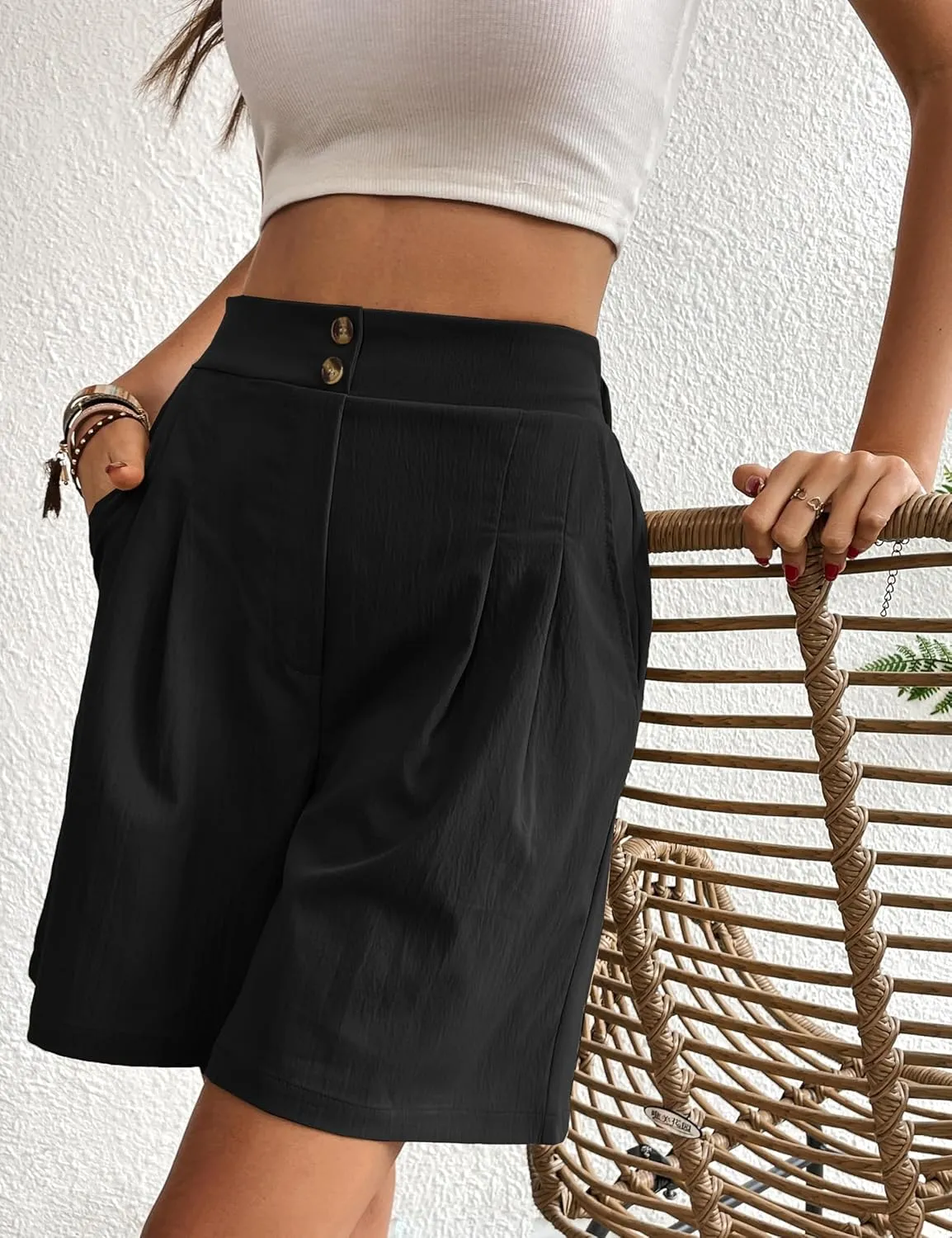 Womens Elastic High Waisted Shorts Summer Casual Pleated Work Shorts with Pockets