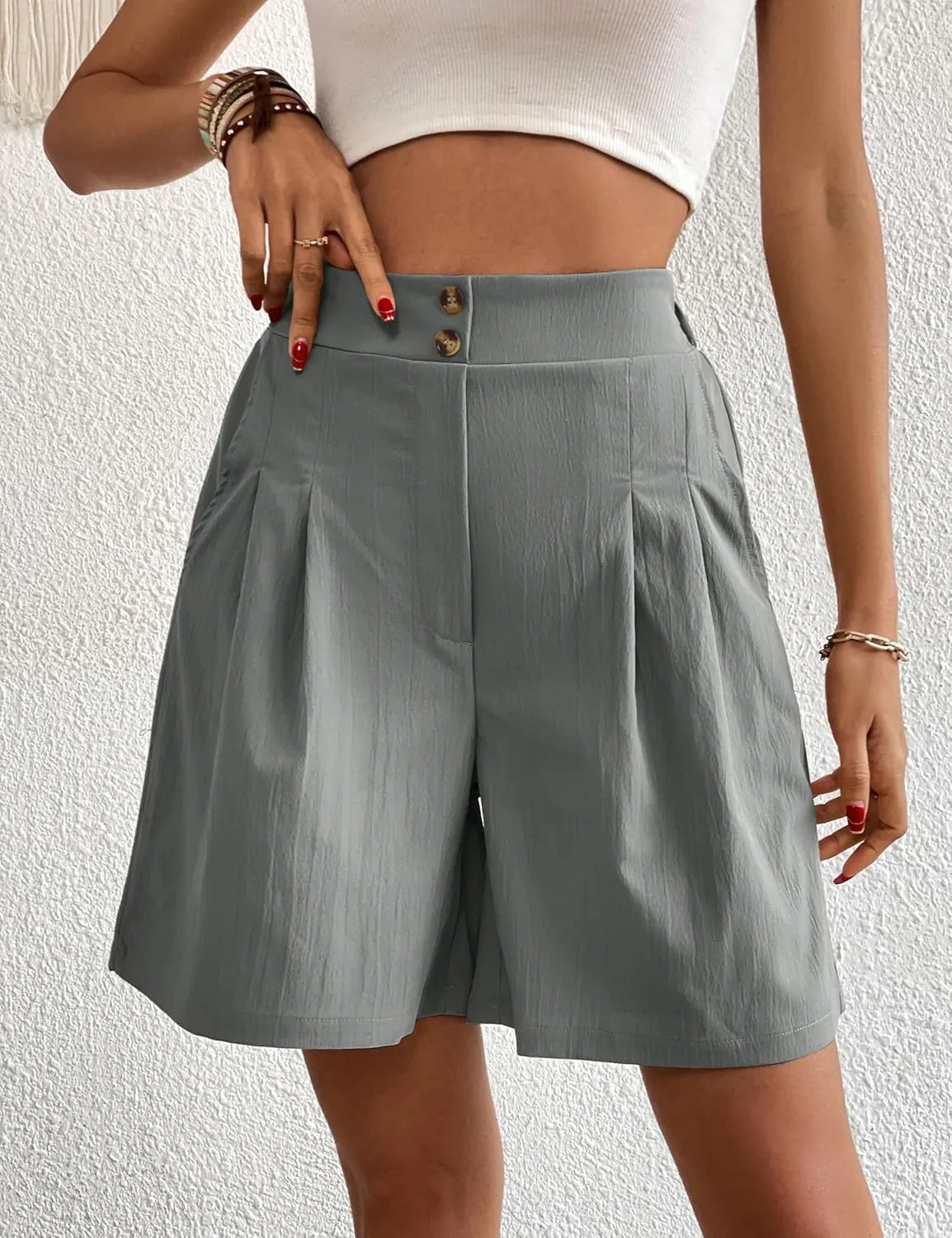 Womens Elastic High Waisted Shorts Summer Casual Pleated Work Shorts with Pockets