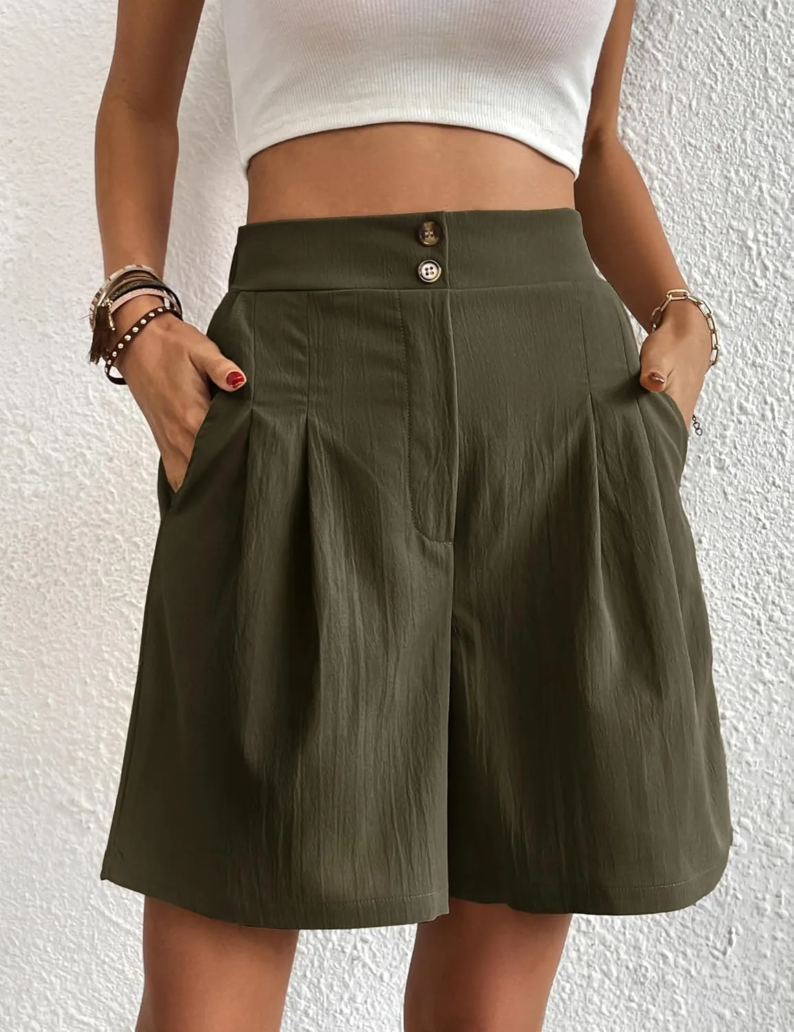 Womens Elastic High Waisted Shorts Summer Casual Pleated Work Shorts with Pockets