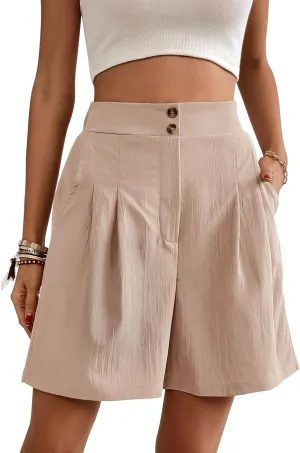 Womens Elastic High Waisted Shorts Summer Casual Pleated Work Shorts with Pockets