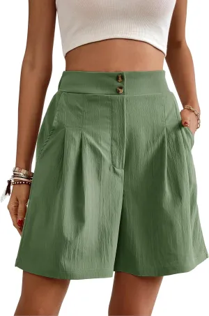 Womens Elastic High Waisted Shorts Summer Casual Pleated Work Shorts with Pockets