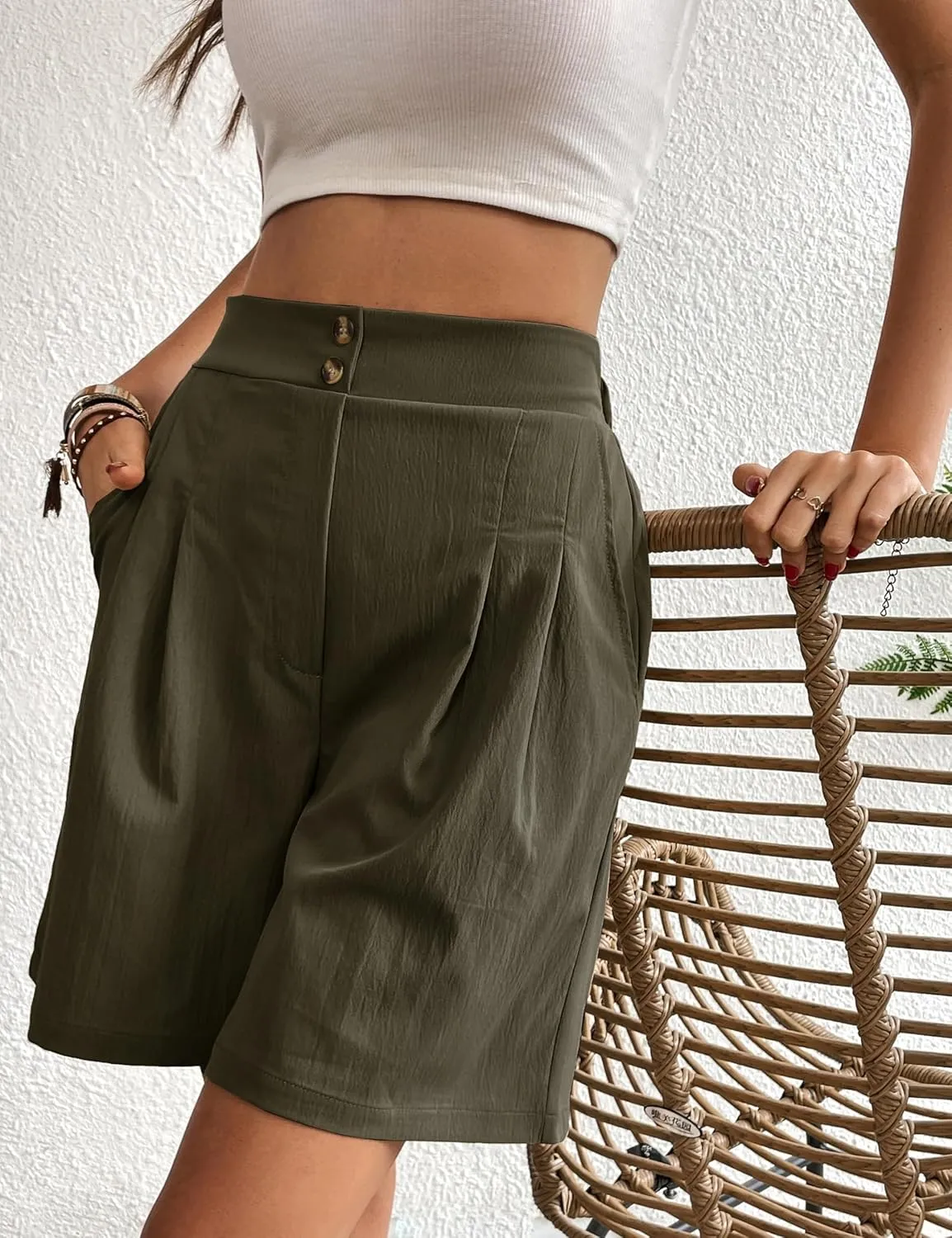 Womens Elastic High Waisted Shorts Summer Casual Pleated Work Shorts with Pockets